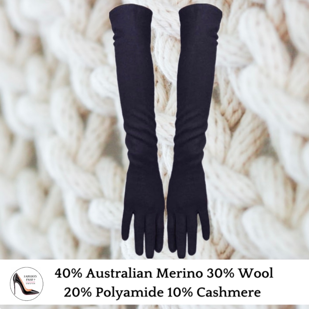 Long Cashmere Merino Wool Gloves Classical Black Opera Driving Winter Warm Glove